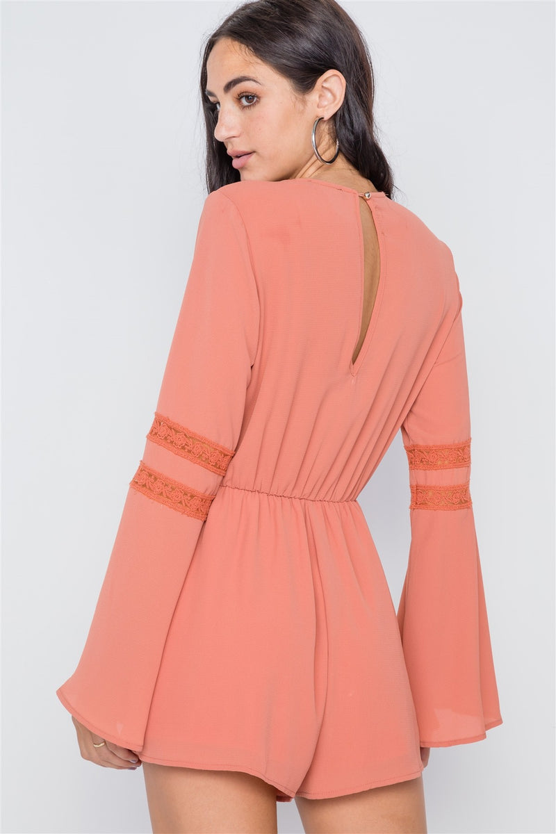 Crochet Bell Sleeve Lace-up Romper