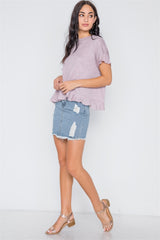 Short Sleeve Surplice Back Ruffle Knit Top
