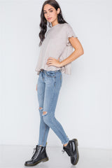 Short Sleeve Surplice Back Ruffle Knit Top