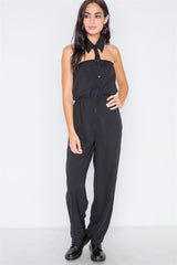 Black Basic Collar Button Down Solid Jumpsuit