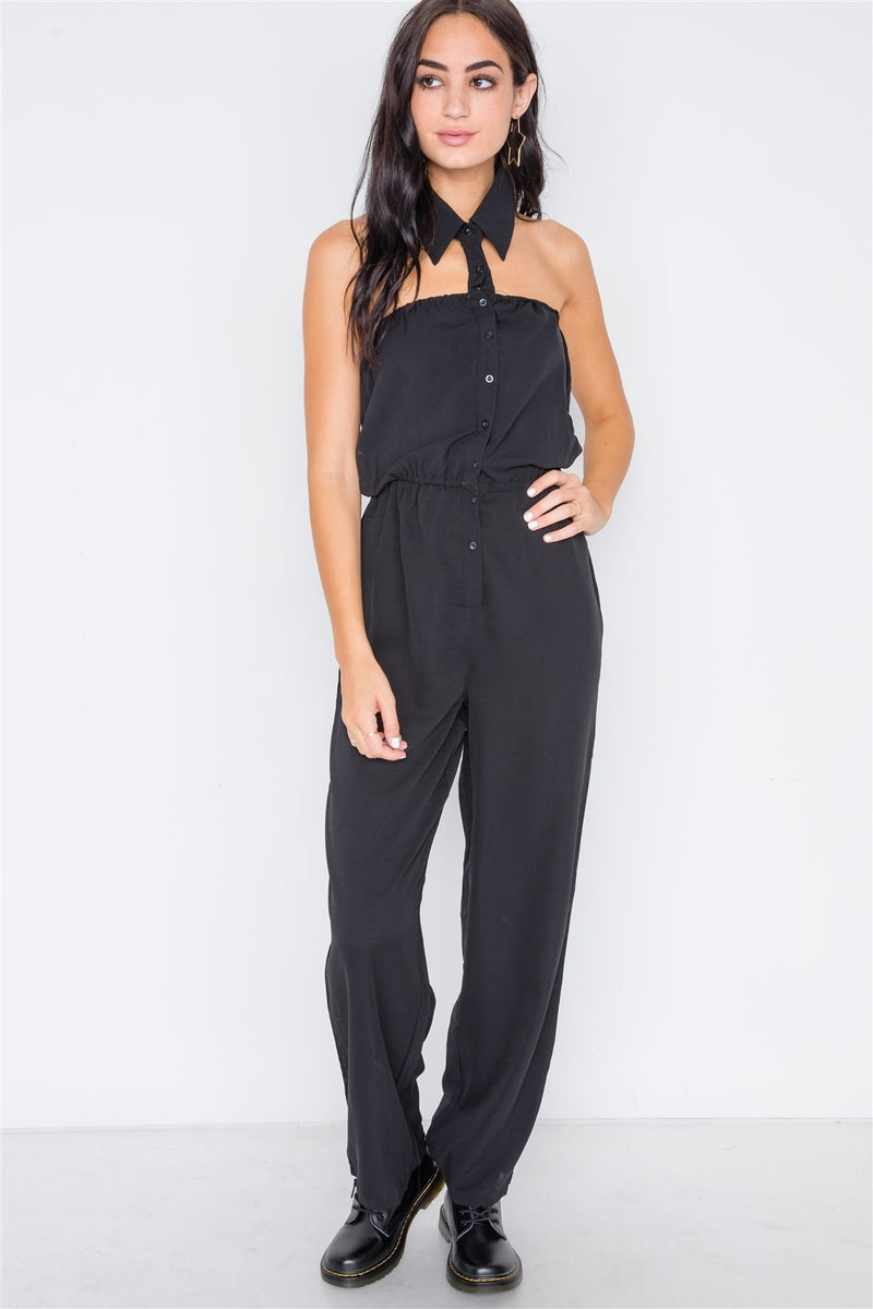 Black Basic Collar Button Down Solid Jumpsuit