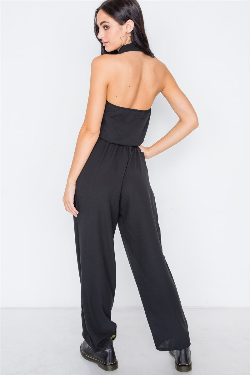 Black Basic Collar Button Down Solid Jumpsuit