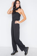 Black Basic Collar Button Down Solid Jumpsuit