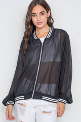 Black Sheer Contrast Trim Long Sleeve Light Jacket