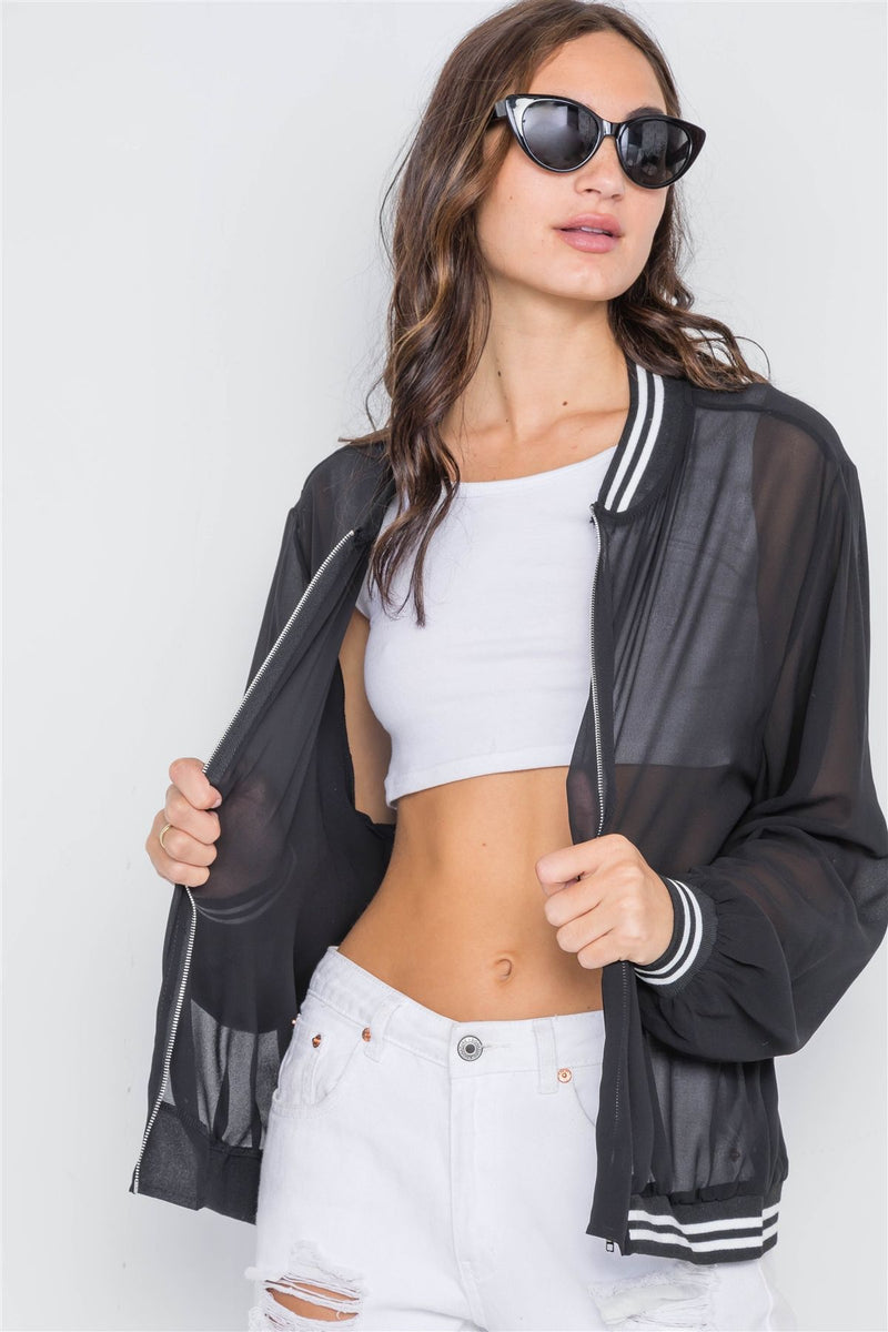 Black Sheer Contrast Trim Long Sleeve Light Jacket