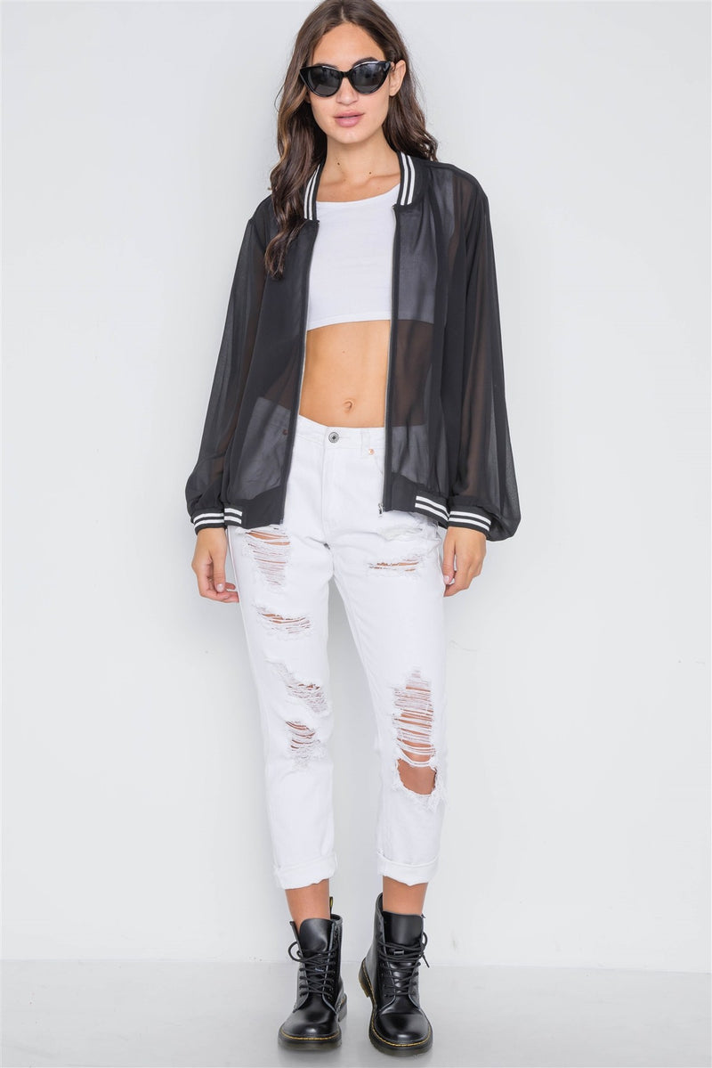 Black Sheer Contrast Trim Long Sleeve Light Jacket