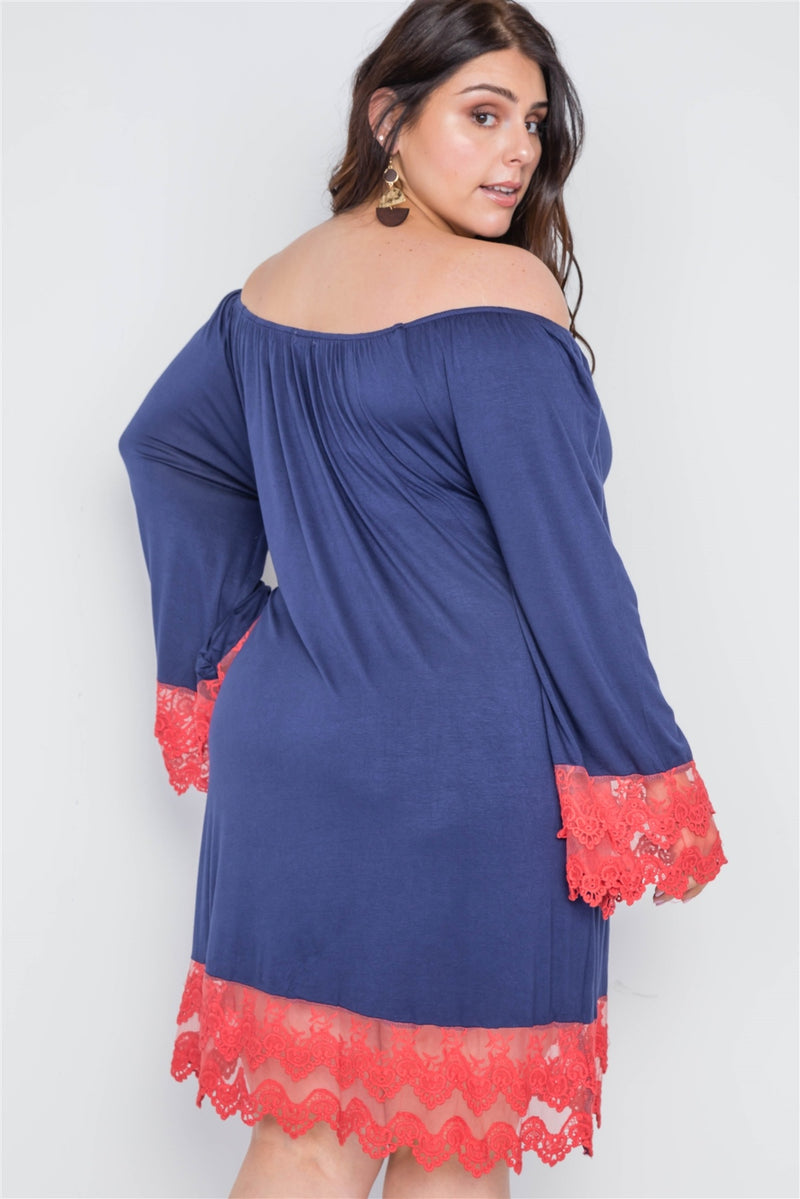Plus Size Off-the-shoulder Lace Hem Dress