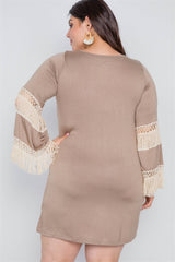 Mocha And Ivory Plus Size Crochet Mini Boho Dress