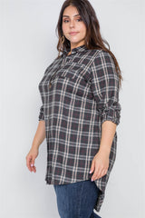 Plus Size Green Taupe Plaid Long Sleeve Top