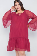 Plus Size Burgundy Bell Sleeves Shirred Dress