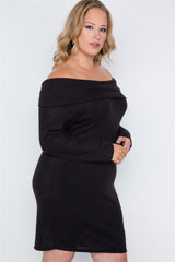 Plus Size Black Off-the Shoulder Long Sleeve Dress