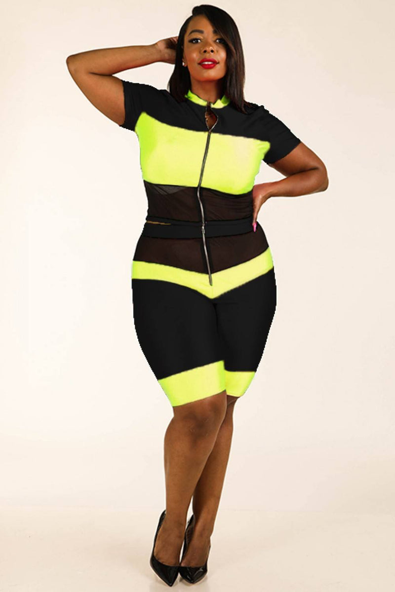Color Blocked Zippered Nylon Spandex Top & Biker Shorts Set