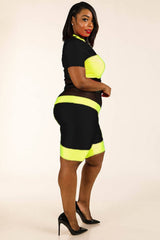 Color Blocked Zippered Nylon Spandex Top & Biker Shorts Set