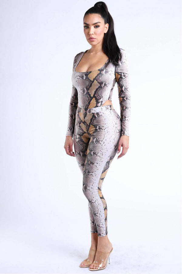 Foiled Snake Printed Bodysuit Leggings Sets