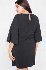 Plus Size Black Beaded Neckline Mini Dress