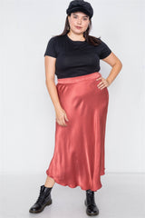 Plus Size Clay Silk Round Hem Midi Skirt