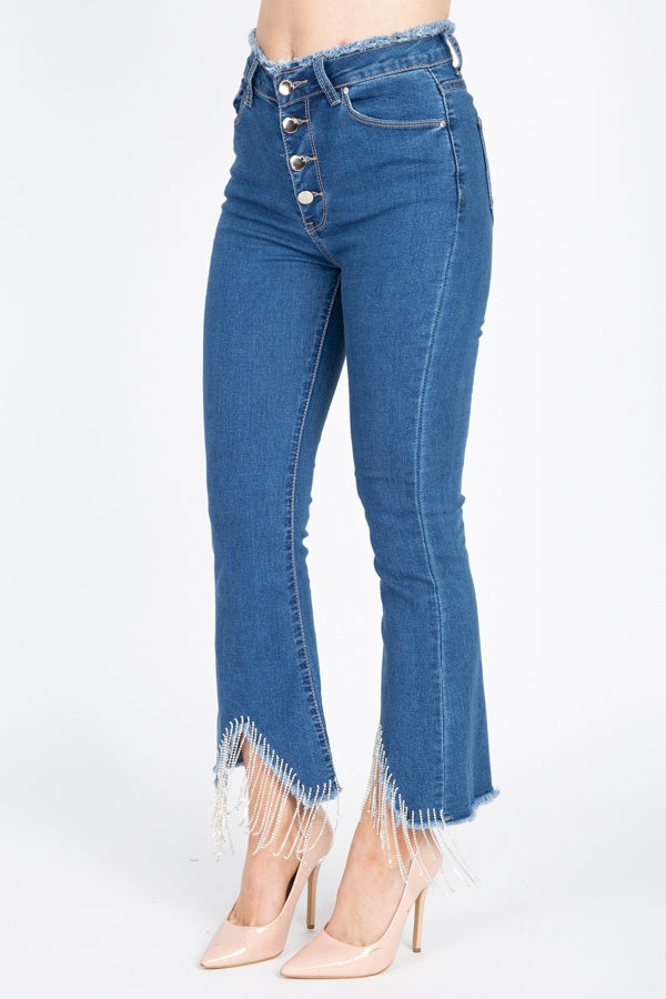 Rhinestone Fringed Flare Skinny Jeans