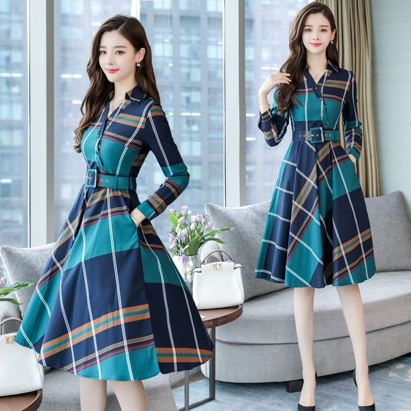 Stinlicher Women's Long Sleeve Stripe Dress - Belted