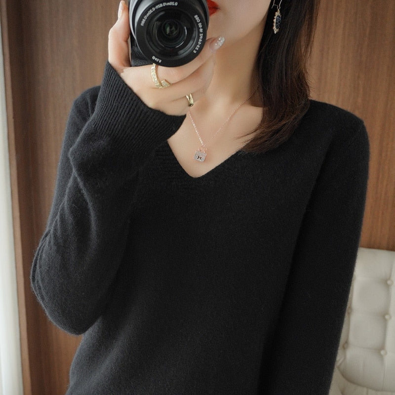 Autumn Winter New cashmere Sweater Woman V-Neck