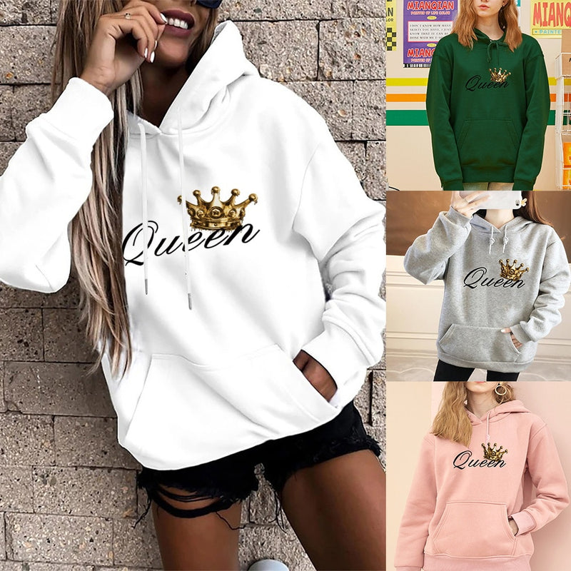 Queen Crown Print Sports Loose Pockets Long Sleeve Hoodie