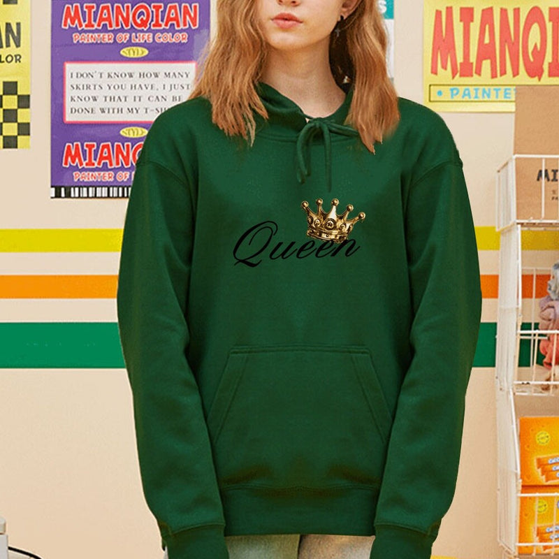 Queen Crown Print Sports Loose Pockets Long Sleeve Hoodie