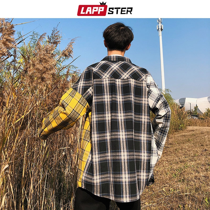 LAPPSTER Oversized Cotton Plaid Shirt  Man Hip Hop Patchwork  Long Sleeve Shirt
