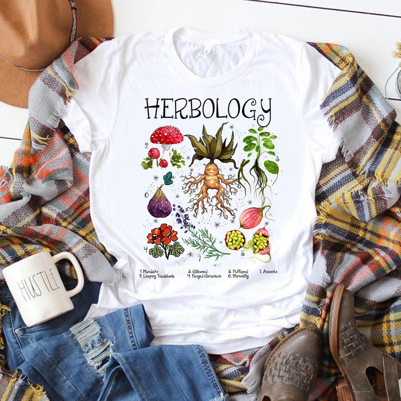 O-collar Herbology Plants Print Tops Women T-shirt