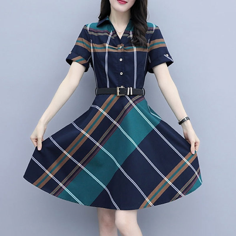 Korea Style Striped Plaid Shirt Dress - Women's Summer Dress