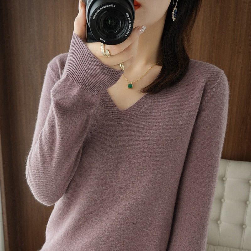 Autumn Winter New cashmere Sweater Woman V-Neck