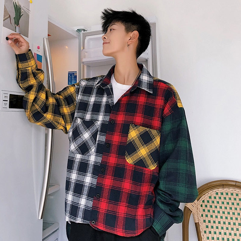 LAPPSTER Oversized Cotton Plaid Shirt  Man Hip Hop Patchwork  Long Sleeve Shirt