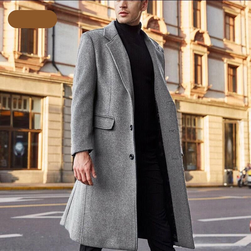Autumn Winter Mens Coat Solid Long Sleeve Jackets Fleece Men Trench Coat