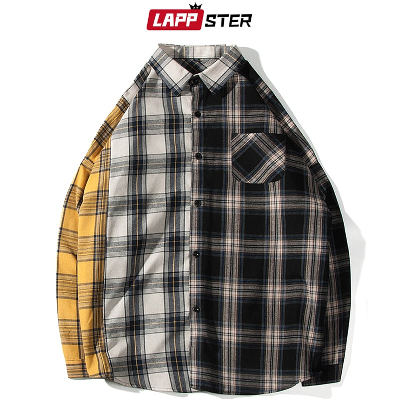 LAPPSTER Oversized Cotton Plaid Shirt  Man Hip Hop Patchwork  Long Sleeve Shirt