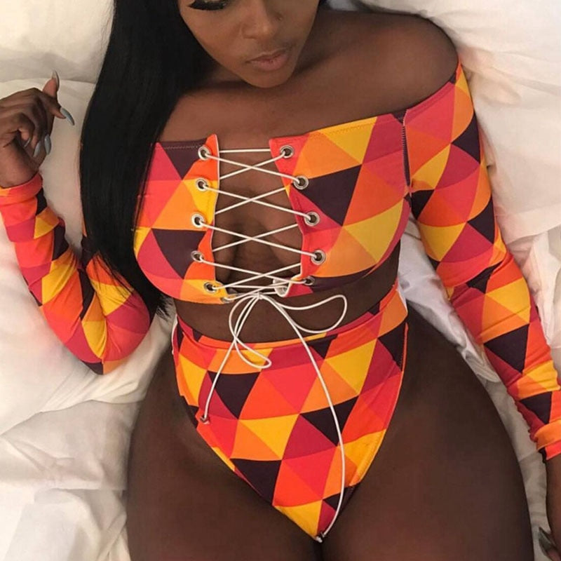 Lace Up Bandeau Push Up New African Print Thong
