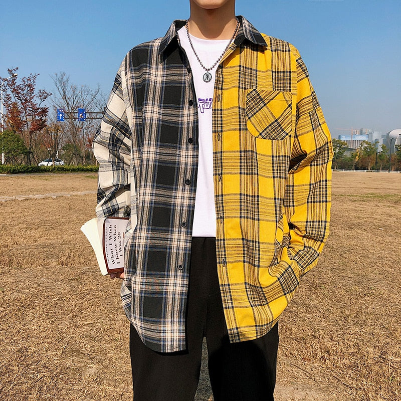 LAPPSTER Oversized Cotton Plaid Shirt  Man Hip Hop Patchwork  Long Sleeve Shirt