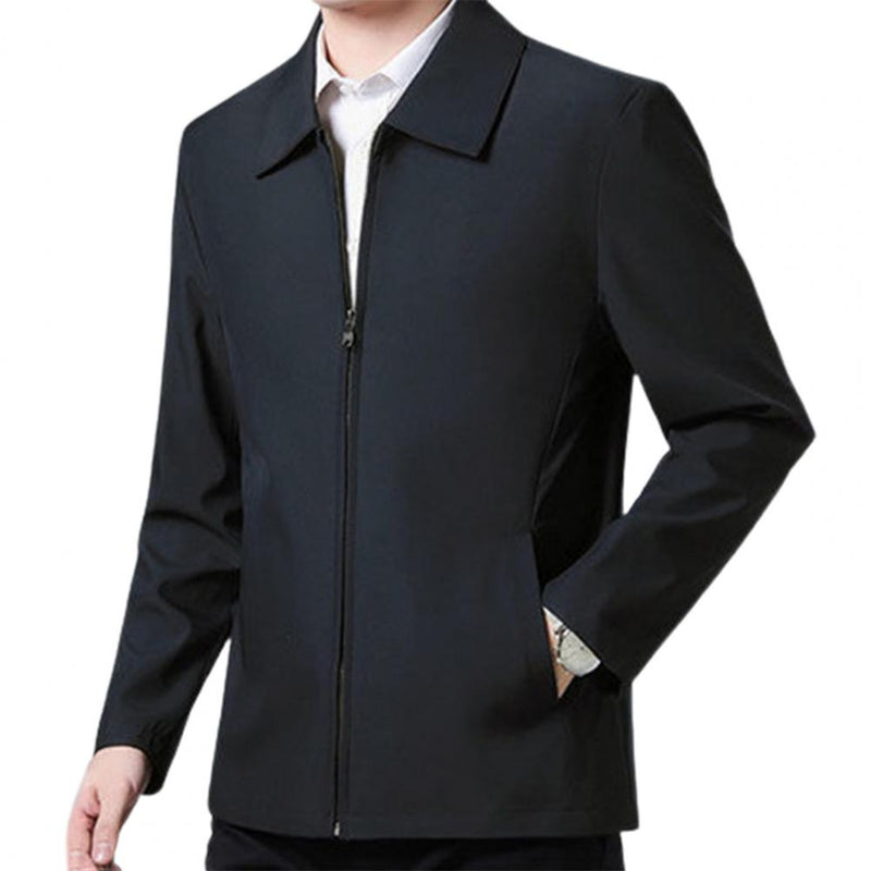 Men Coat Smooth Zipper Lapel Collar Solid Color Middle-aged Men Casual Jackets