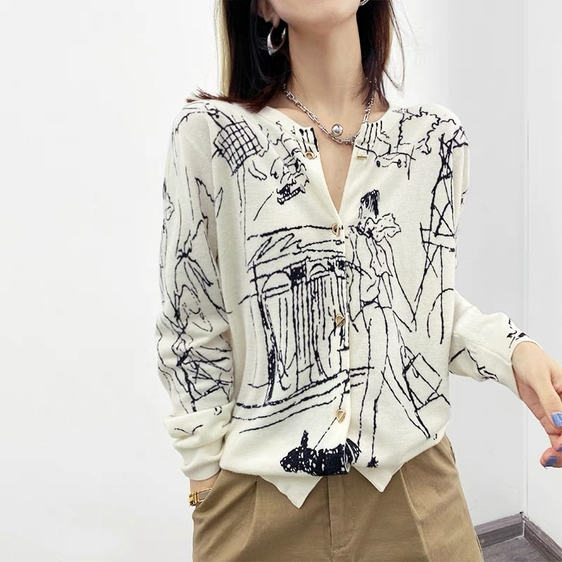 Women Graffiti style Cashmere Cardigan New Arrival O-Neck