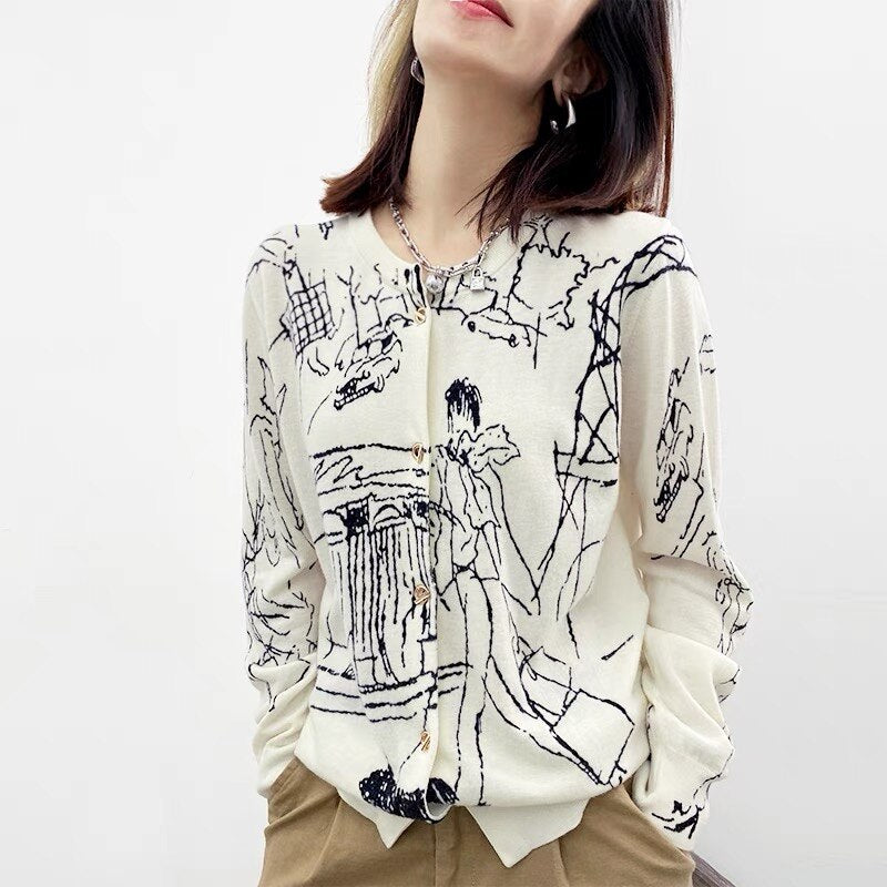 Women Graffiti style Cashmere Cardigan New Arrival O-Neck