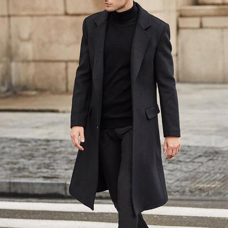 Autumn Winter Mens Coat Solid Long Sleeve Jackets Fleece Men Trench Coat