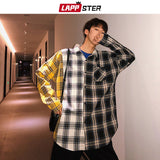 LAPPSTER Oversized Cotton Plaid Shirt  Man Hip Hop Patchwork  Long Sleeve Shirt
