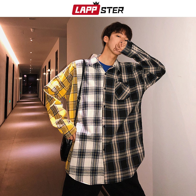 LAPPSTER Oversized Cotton Plaid Shirt  Man Hip Hop Patchwork  Long Sleeve Shirt