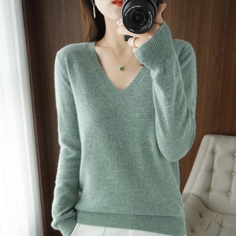 Autumn Winter New cashmere Sweater Woman V-Neck