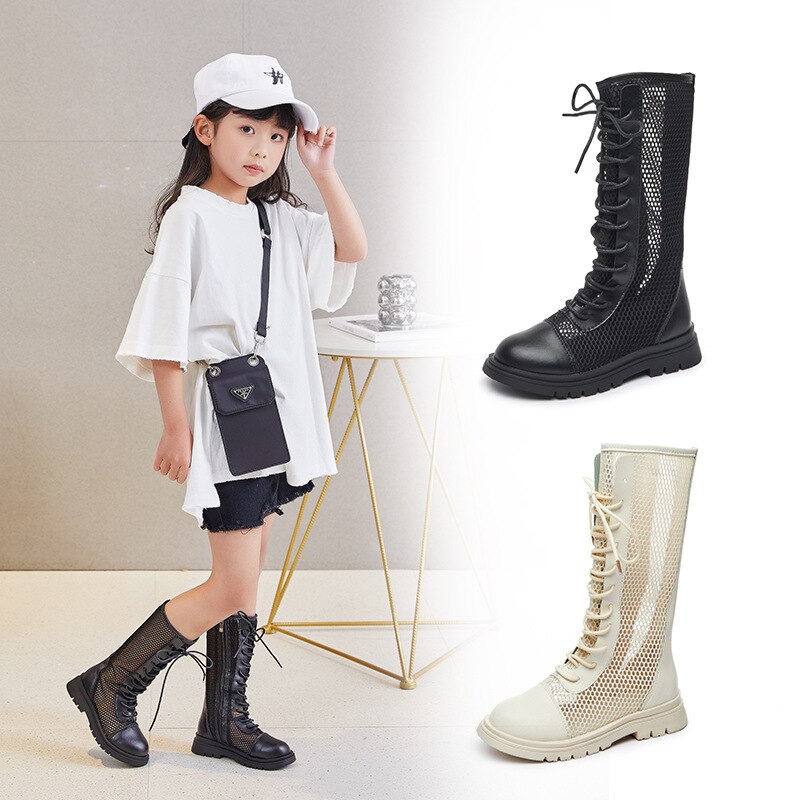 Summer Autumn Girls Knee-high Boots Roman Cross-tied Flat With Fashion