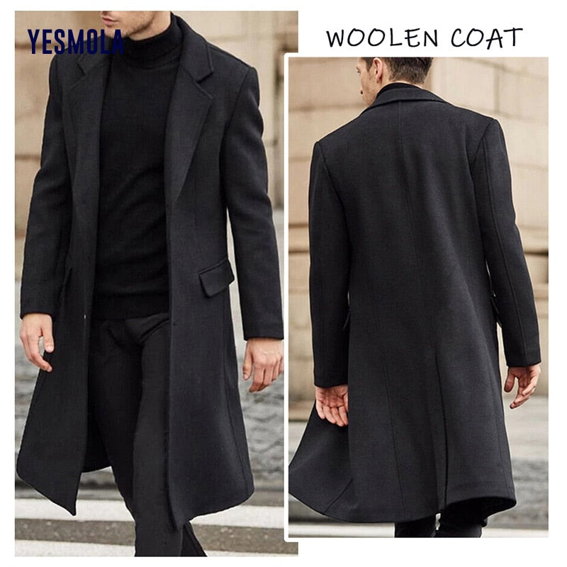 Autumn Winter Mens Coat Solid Long Sleeve Jackets Fleece Men Trench Coat