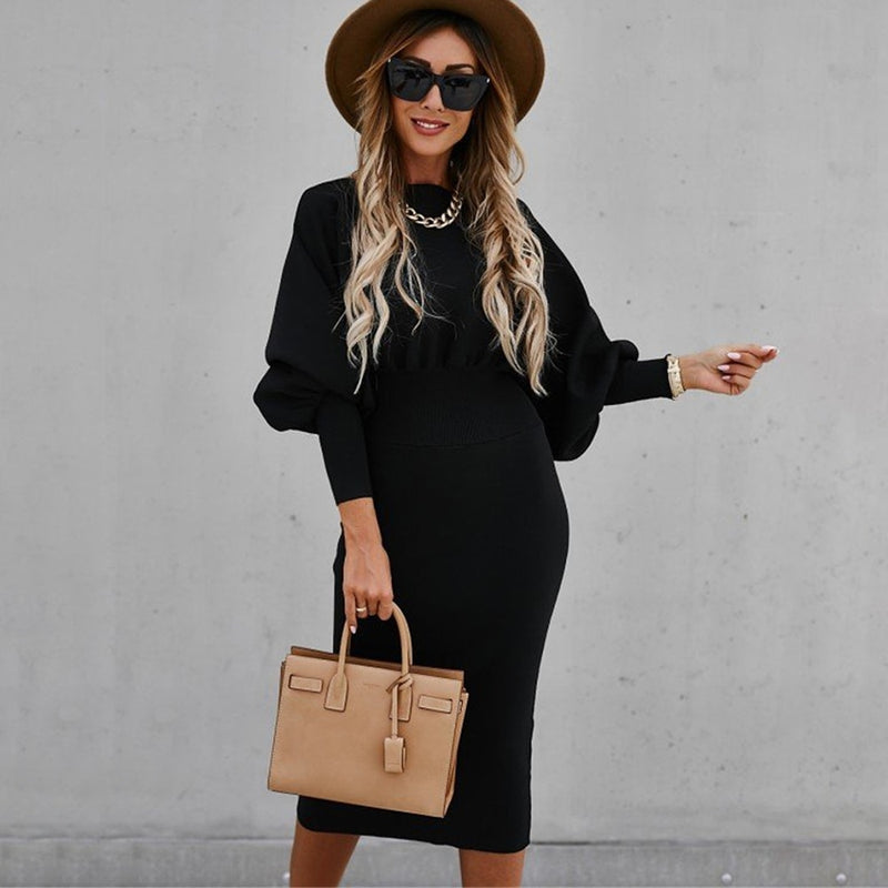 Women Fashion O-neck Lantern Long Sleeve Pencil Dress Autumn Winter