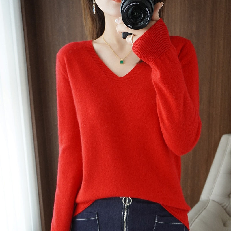 Autumn Winter New cashmere Sweater Woman V-Neck