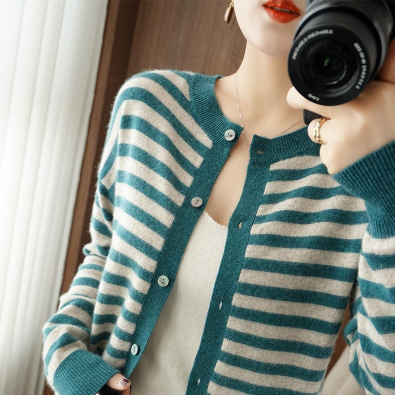 Cashmere Cardigan  100% Pure Wool Sweater  Striped Sweater