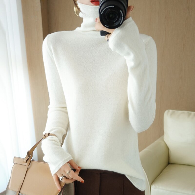 Pure Wool Sweater Woman High Neck Pullover Cashmere Sweater