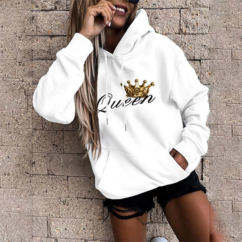 Queen Crown Print Sports Loose Pockets Long Sleeve Hoodie
