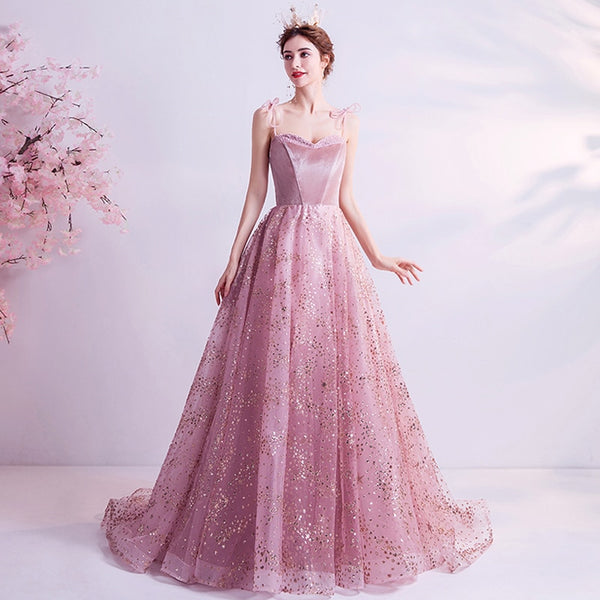 Beaded Tulle Spaghetti-Strap Prom Dress - Pink Long