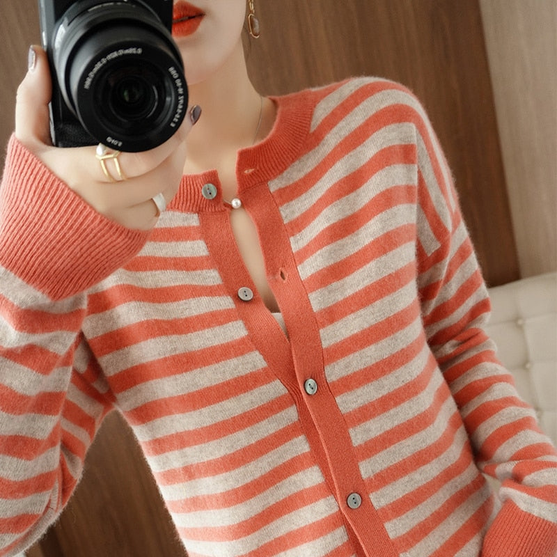 Cashmere Cardigan  100% Pure Wool Sweater  Striped Sweater